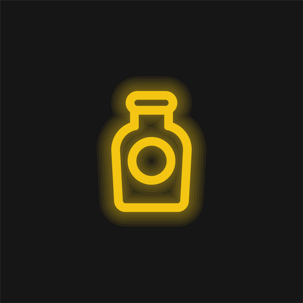 Flaschenumriss mit kreisförmigem Etikett gelb leuchtendes Neon-Symbol - Vektor, Bild