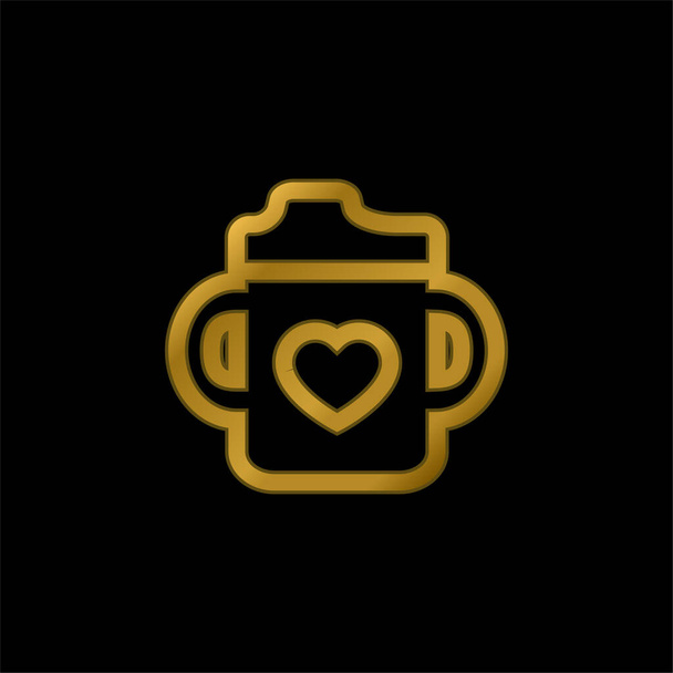 Botella de bebé con un corazón chapado en oro icono metálico o logo vector - Vector, Imagen