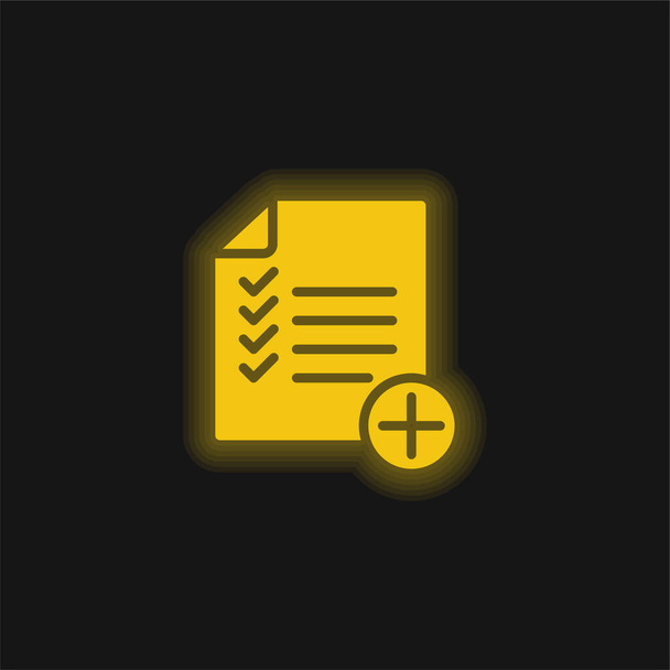 Adicionar lista amarelo brilhante ícone de néon - Vetor, Imagem