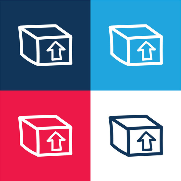Box Pakket met een pijl omhoog Hand getekend Symbool blauw en rood vier kleuren minimale pictogram set - Vector, afbeelding