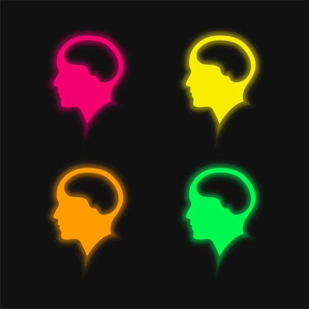 Brain Inside Human Head four color glowing neon vector icon - Vector, Image