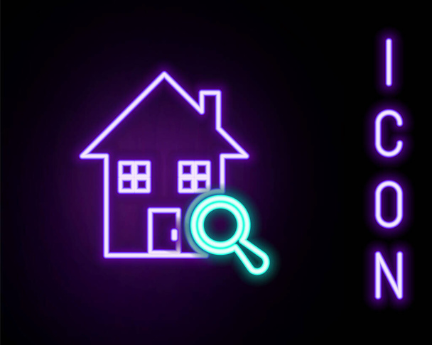 Hehkuva neon line Etsi talon kuvaketta eristetty mustalla taustalla. Kiinteistöjen symboli talon suurennuslasin alla. Värikäs ääriviivat käsite. Vektori - Vektori, kuva
