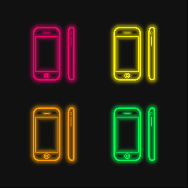 Apple Iphone Mobile Tool Uitzicht vanaf de voorkant en zijkant vier kleuren gloeiende neon vector pictogram - Vector, afbeelding