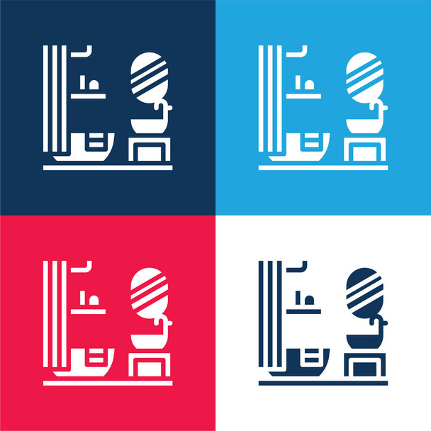 Cuarto de baño azul y rojo de cuatro colores mínimo icono conjunto - Vector, Imagen