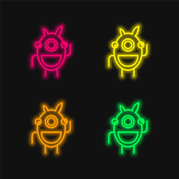 Alien Outline In A Circle four color glowing neon vector icon - Vector, Image