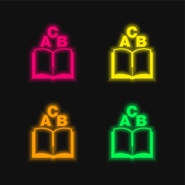 Libro ABC cuatro color brillante icono de vectores de neón - Vector, Imagen