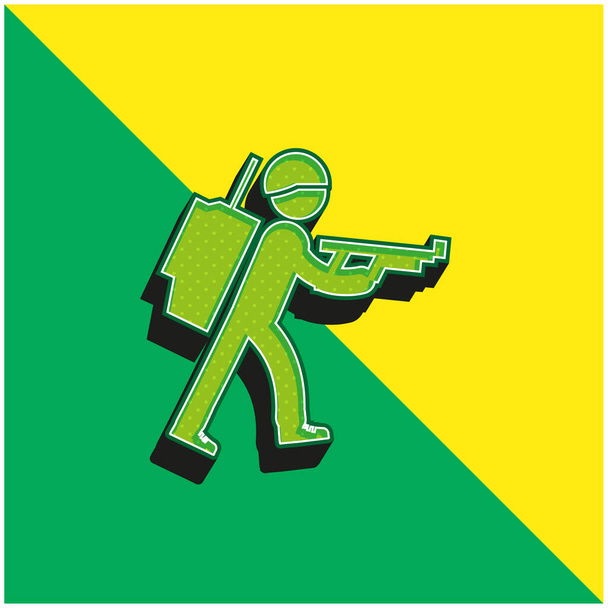 Army Soldier Walking Zöld és sárga modern 3D vektor ikon logó - Vektor, kép