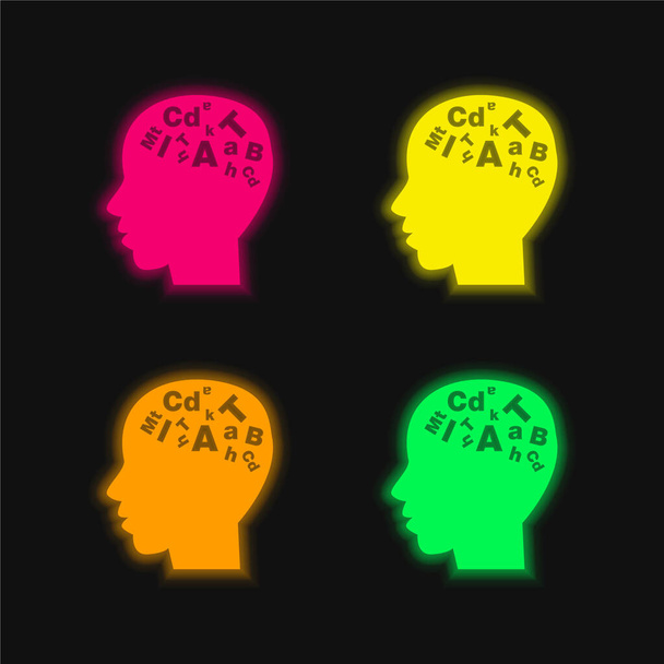 Bald Male Head Side View With Letters Inside four color glowing neon vector icon - Vector, Image