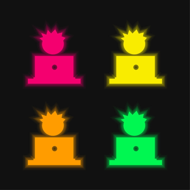 Garçon Et Ordinateur quatre couleur brillant icône vectorielle néon - Vecteur, image