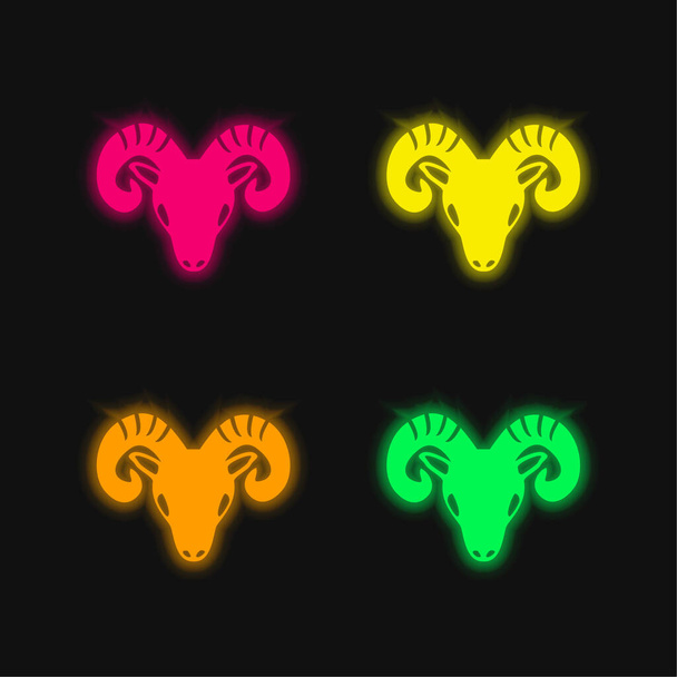 Aries Zodíaco Símbolo de la cabeza de cabra frontal de cuatro colores brillante icono de vectores de neón - Vector, imagen