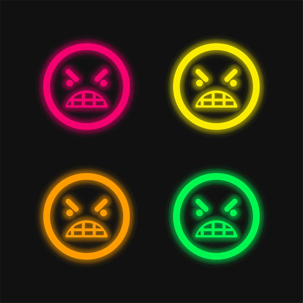 Anger Emoticon Square Face four color glowing neon vector icon - Vector, Image