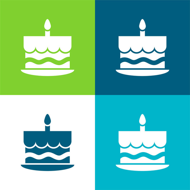 Torta di compleanno con una candela accesa sul piatto superiore set di icone minime di quattro colori - Vettoriali, immagini