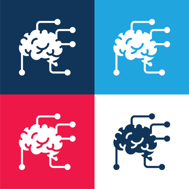 Cerebro azul y rojo conjunto de iconos mínimo de cuatro colores - Vector, imagen