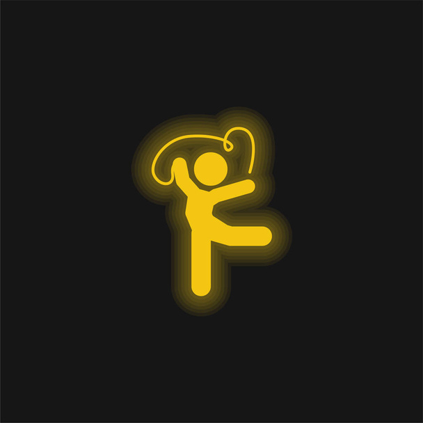 リボン付きの芸術的な体操の姿勢黄色の輝くネオンアイコン - ベクター画像