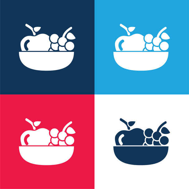 Jabłko i winogrona na misce niebieski i czerwony zestaw czterech kolorów minimalny zestaw ikon - Wektor, obraz