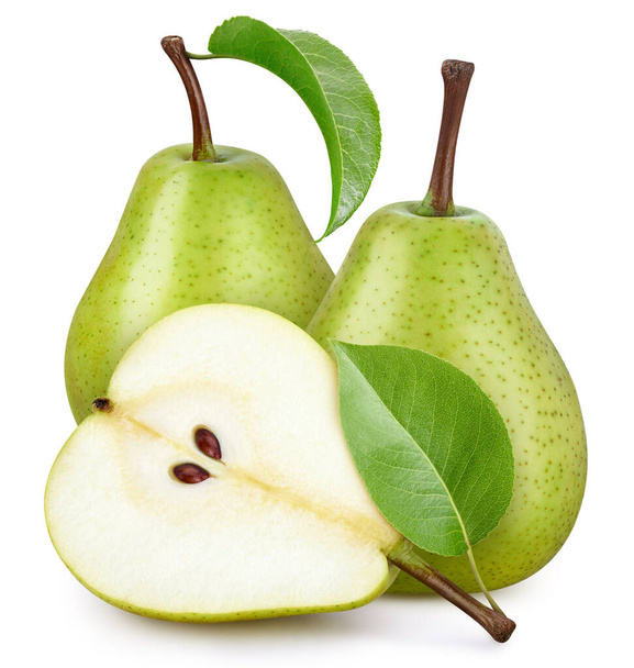 Ripe whole pear fruit with green leaf and half isolated - Foto, immagini