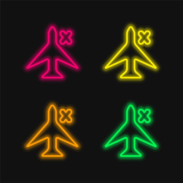 Flugzeug-Zeichen mit einem Kreuz für Telefon-Schnittstelle vier Farben leuchtenden Neon-Vektorsymbol - Vektor, Bild