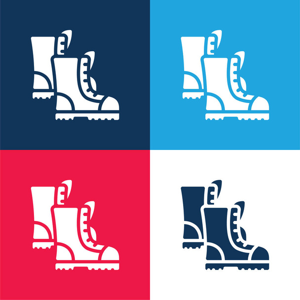 Laarzen blauw en rood vier kleuren minimale pictogram set - Vector, afbeelding