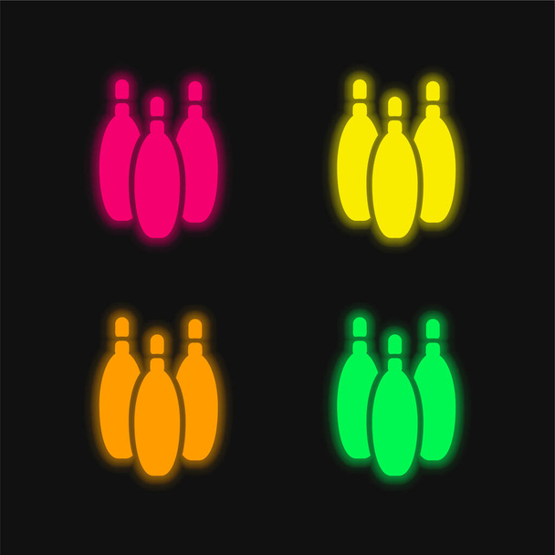 Bowling Pins four color glowing neon vector icon - Vector, Image