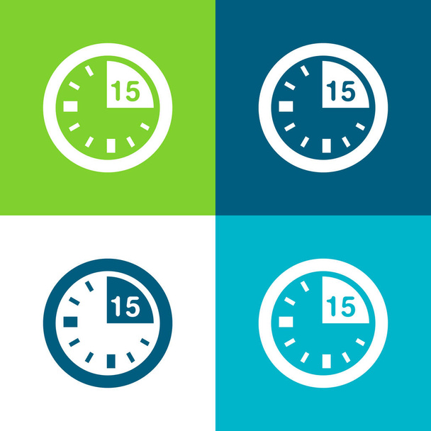 15 λεπτά σήμα στο ρολόι επίπεδη τέσσερις χρώμα ελάχιστο σύνολο εικονιδίων - Διάνυσμα, εικόνα