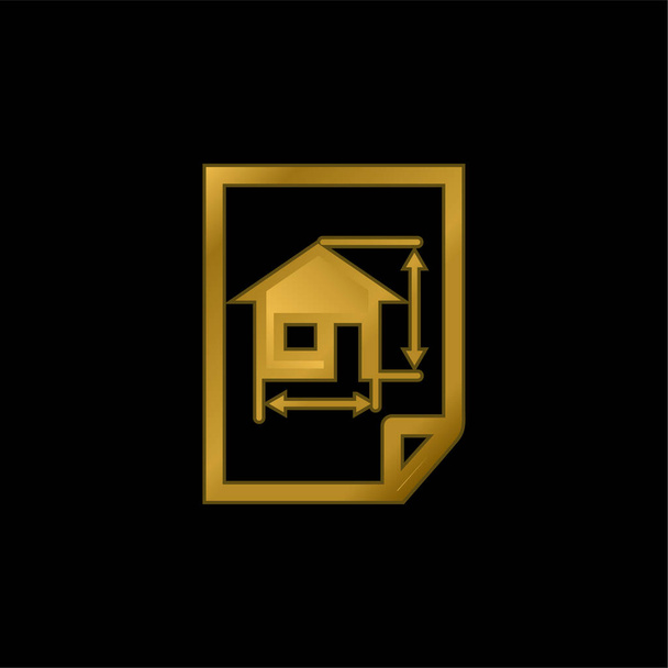 Desenho de arquitetura de uma casa em um ícone metálico banhado a ouro de papel ou vetor de logotipo - Vetor, Imagem