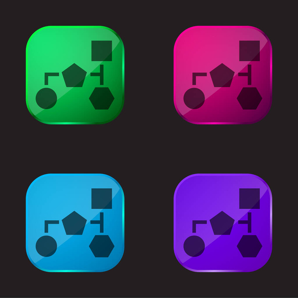 Esquema de bloques de formas geométricas negras básicas icono de botón de cristal de cuatro colores - Vector, imagen