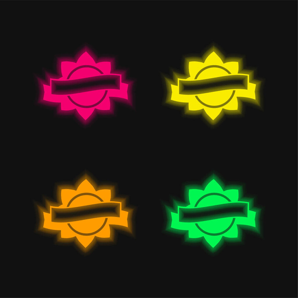 バナー付き円形の花形の賞ラベル4色の輝くネオンベクトルアイコン - ベクター画像