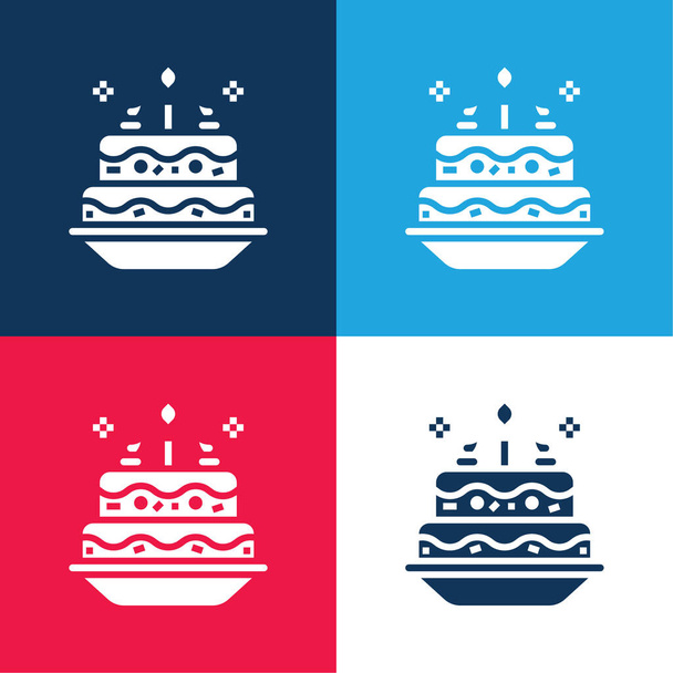 Verjaardagstaart blauw en rood vier kleuren minimale pictogram set - Vector, afbeelding