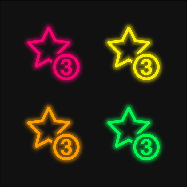 3 Estrellas Símbolo de cuatro colores brillante icono de vectores de neón - Vector, imagen