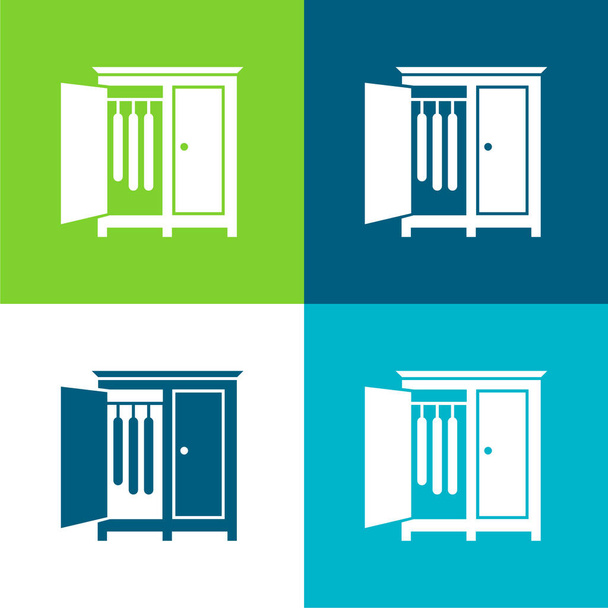 Κρεβατοκάμαρα Ντουλάπα με ανοιγμένη πόρτα της πλευράς για να κρεμάσετε ρούχα Επίπεδη τέσσερις χρώμα minimal σύνολο εικονιδίων - Διάνυσμα, εικόνα