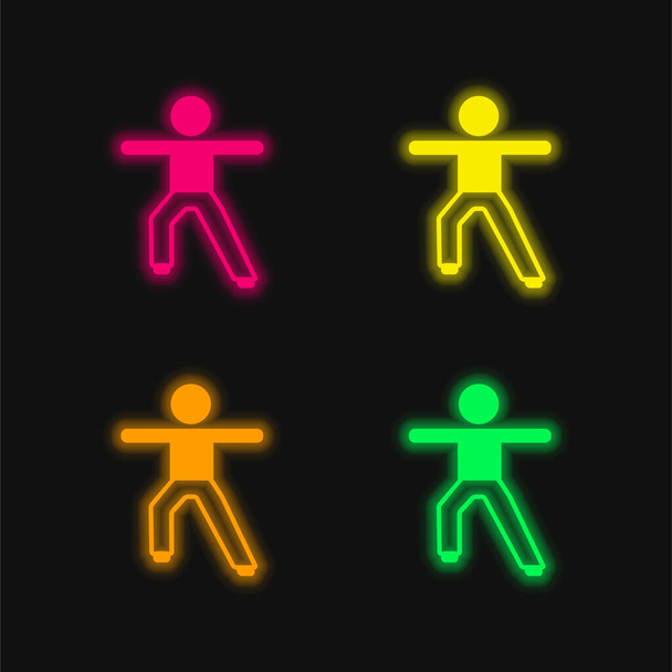 Boy Stretching Arms And Leg four color glowing neon vector icon - Vector, Image