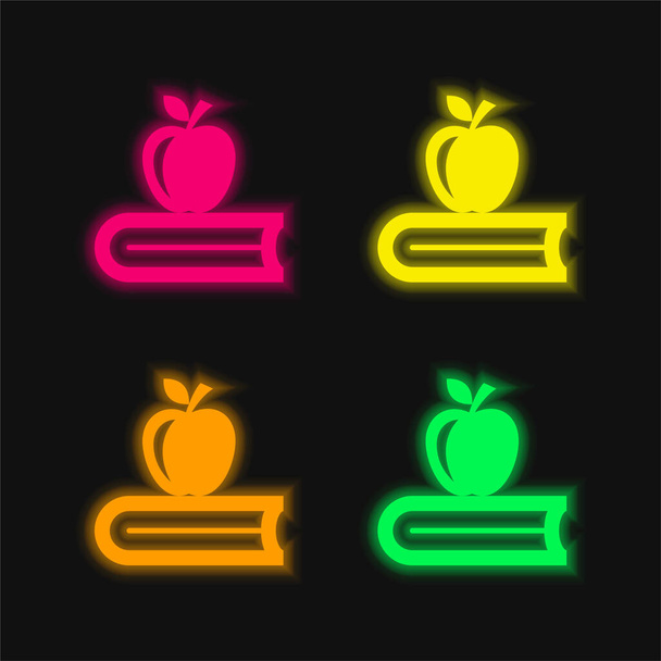 Book With Apple four color glowing neon vector icon - Vector, Image