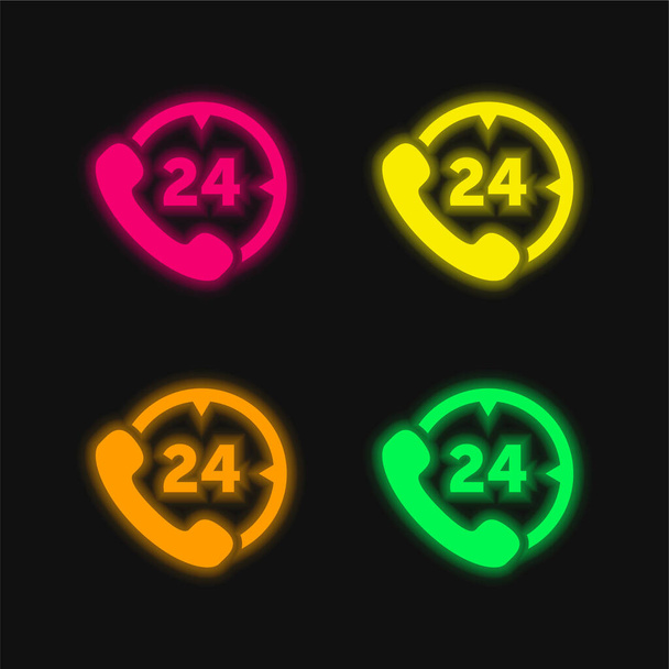 24 horas Servicio telefónico de cuatro colores brillante icono de vectores de neón - Vector, imagen