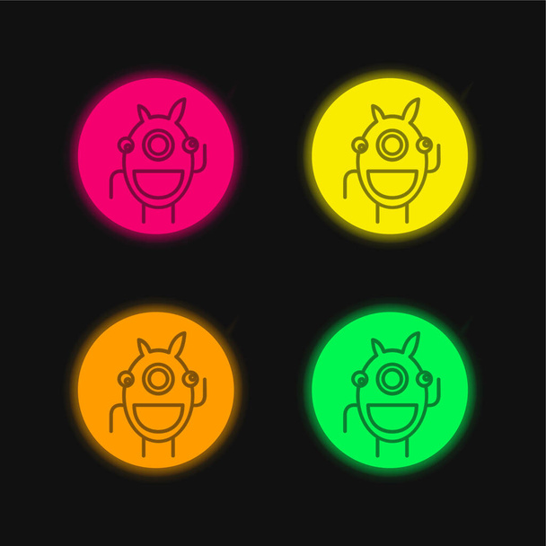Alien Outline In A Circle Vier-Farben-leuchtendes Neon-Vektor-Symbol - Vektor, Bild