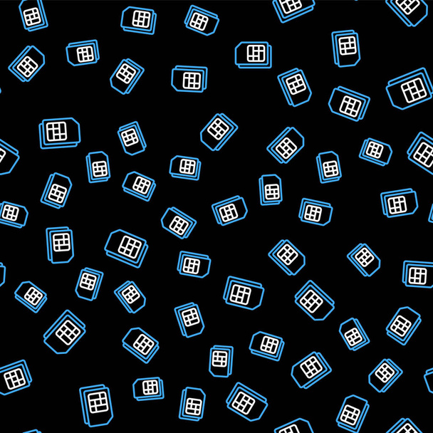黒の背景にラインシムカードのアイコンはシームレスなパターンを隔離しました。携帯電話のSIMカードチップ。モバイル通信技術のシンボル。ベクトル - ベクター画像