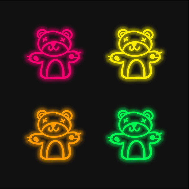 Bear Hand Drawn Animal Toy τεσσάρων χρωμάτων λαμπερό νέον διάνυσμα εικονίδιο - Διάνυσμα, εικόνα