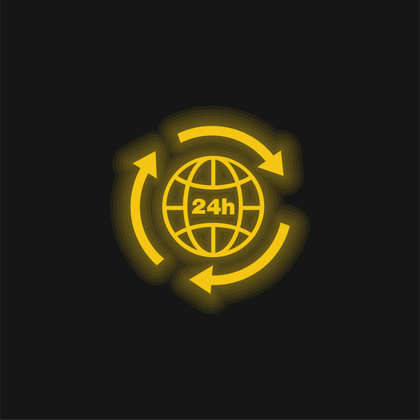 24 óra Föld rács szimbólum nyilakkal kör körül sárga izzó neon ikon - Vektor, kép