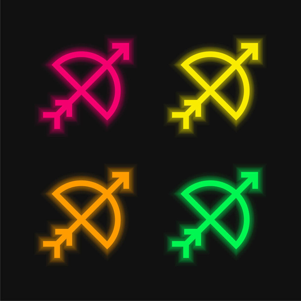 Tiro con arco de cuatro colores brillante icono de vectores de neón - Vector, imagen