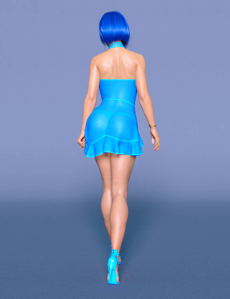 Beautiful woman short blue transparent evening mini dress.Summer clothes collection.Bright makeup.Woman studio glamorous photo shoot.Conceptual fashion art.Seductive pose.Femme fatale.3D Render. - 写真・画像