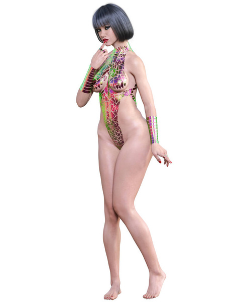 Tall sexy woman minimalist futuristic tape lingerie.Curves shape.Metal bra panties.Conceptual fashion art.Seductive candid pose.3D render illustration. - 写真・画像