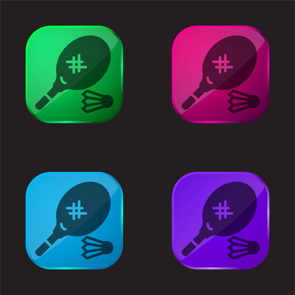 Badminton čtyři barevné skleněné tlačítko ikona - Vektor, obrázek