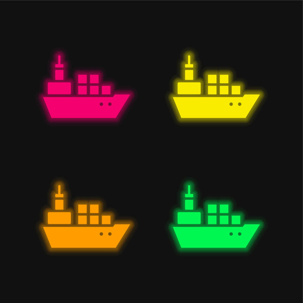 Boat With Containers four color glowing neon vector icon - Vector, Image