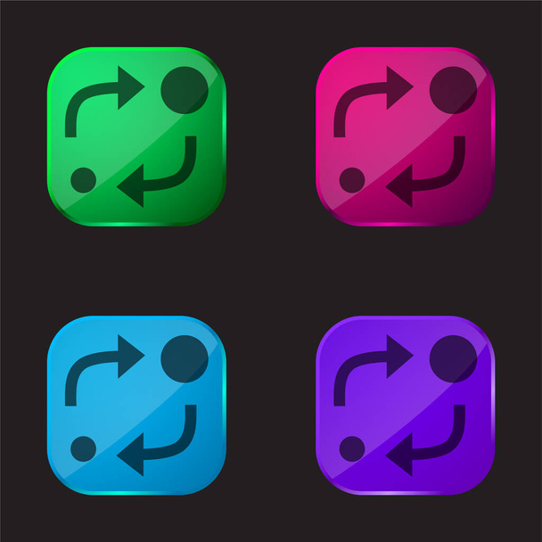 Symbole analytique de deux cercles de tailles différentes avec deux flèches entre eux icône de bouton en verre de quatre couleurs - Vecteur, image