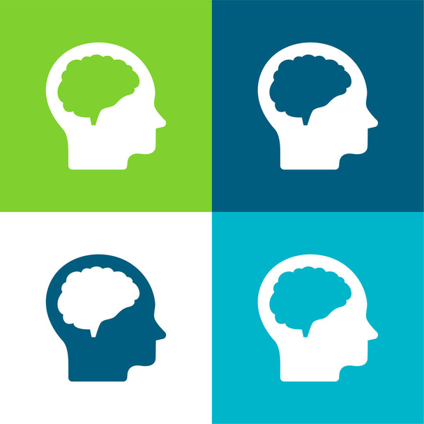 Εγκέφαλος και το κεφάλι επίπεδη τέσσερις χρώμα ελάχιστη σύνολο εικονιδίων - Διάνυσμα, εικόνα