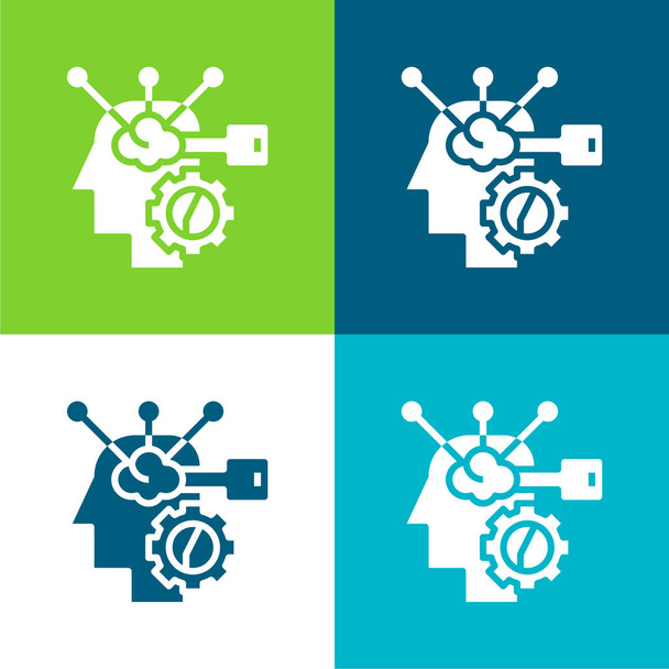Processus cérébral Ensemble d'icônes minimal plat à quatre couleurs - Vecteur, image