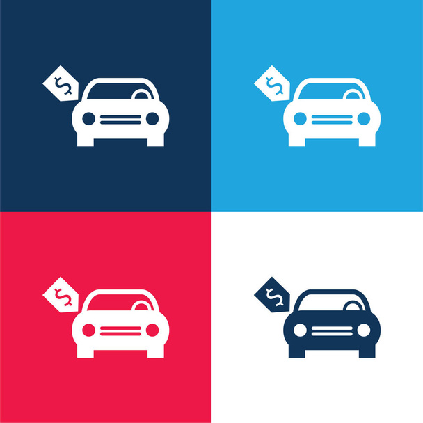 Nowy samochód z ceną dolara Tag niebieski i czerwony zestaw czterech kolorów minimalny zestaw ikon - Wektor, obraz