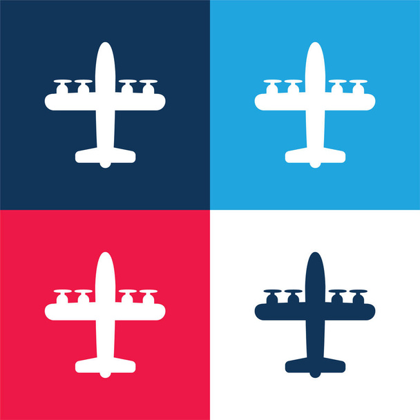 4つのプロペラ青と赤の4色の最小アイコンセットを持つ飛行機 - ベクター画像