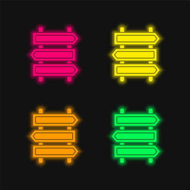 Segnali frecce raggruppati su pali quattro colori incandescente icona al neon vettore - Vettoriali, immagini