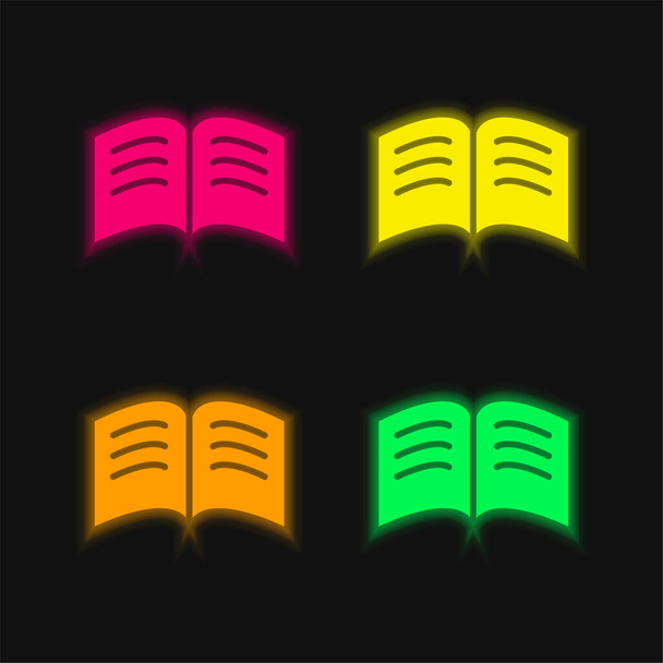 Книга чорних сторінок з білими лініями тексту, відкритими в середині чотирьох кольорів світяться неонові векторні значки
 - Вектор, зображення