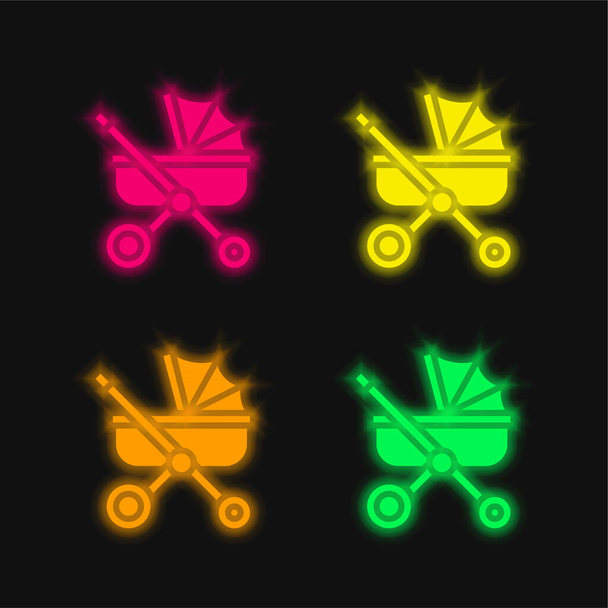 Baby kočárek čtyři barvy zářící neonový vektor ikona - Vektor, obrázek